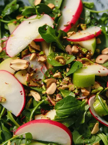 Apple Radish and Watercress Salad with Pistachio Chile de Árbol Dressing