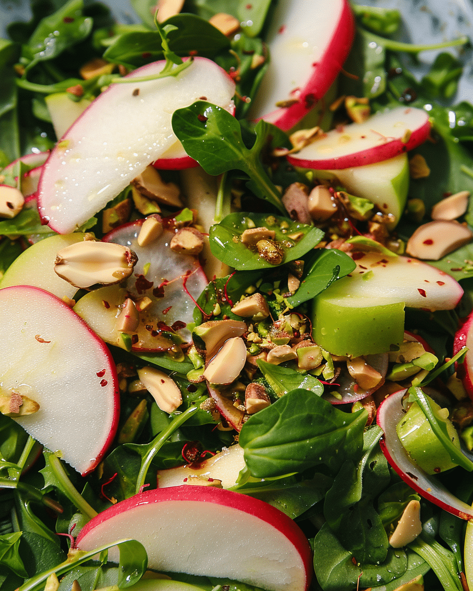 Apple Radish and Watercress Salad with Pistachio Chile de Árbol Dressing