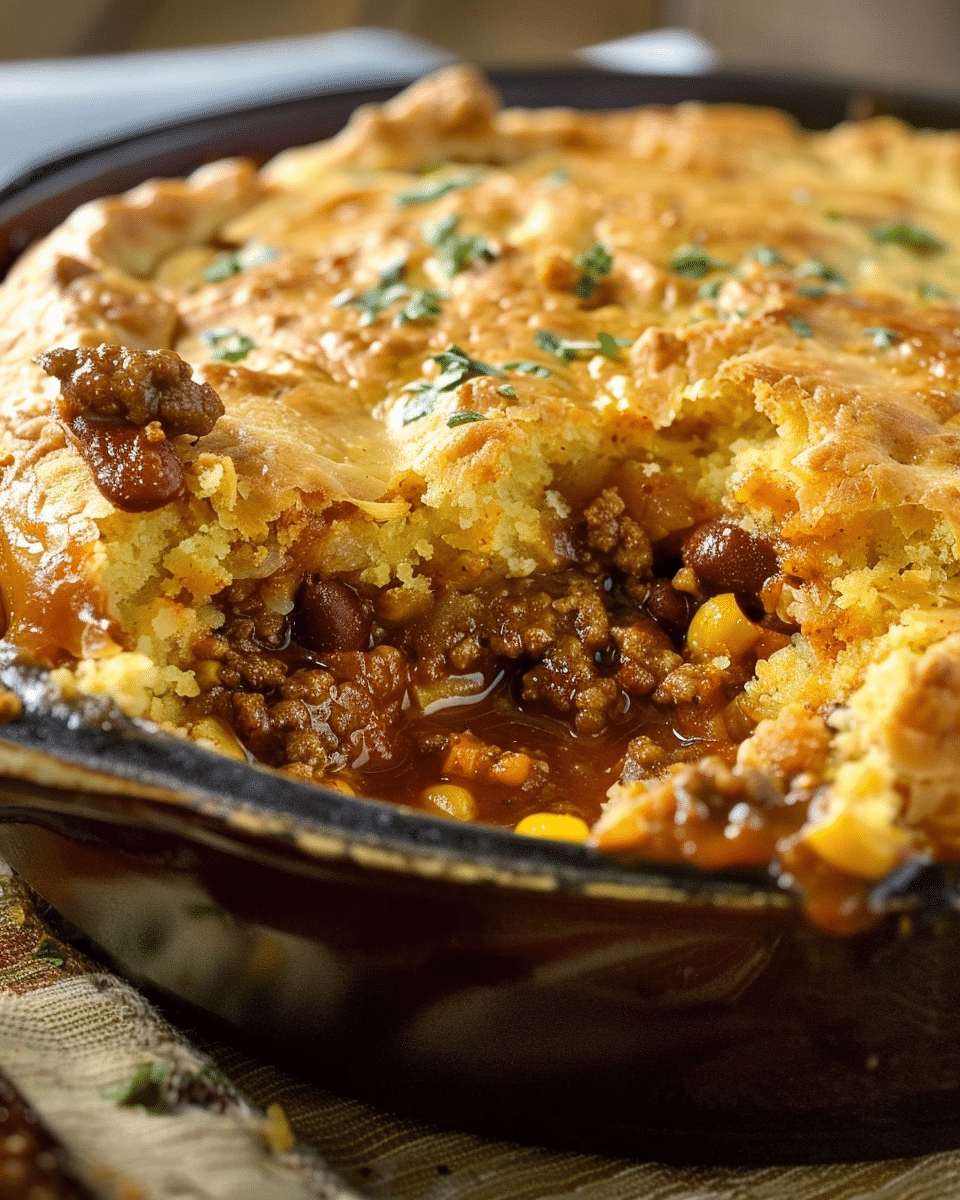 Skillet Chili Cornbread Pot Pie