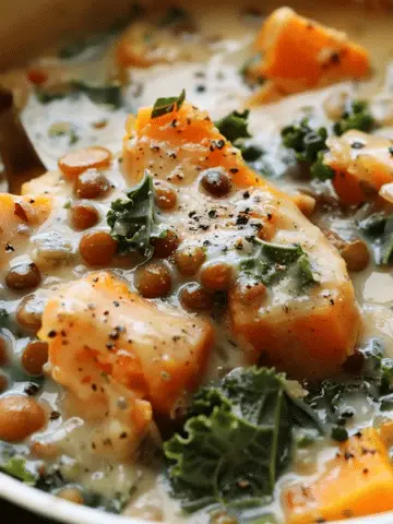 Ginger Sweet Potato and Coconut Milk Stew with Lentils and Kale