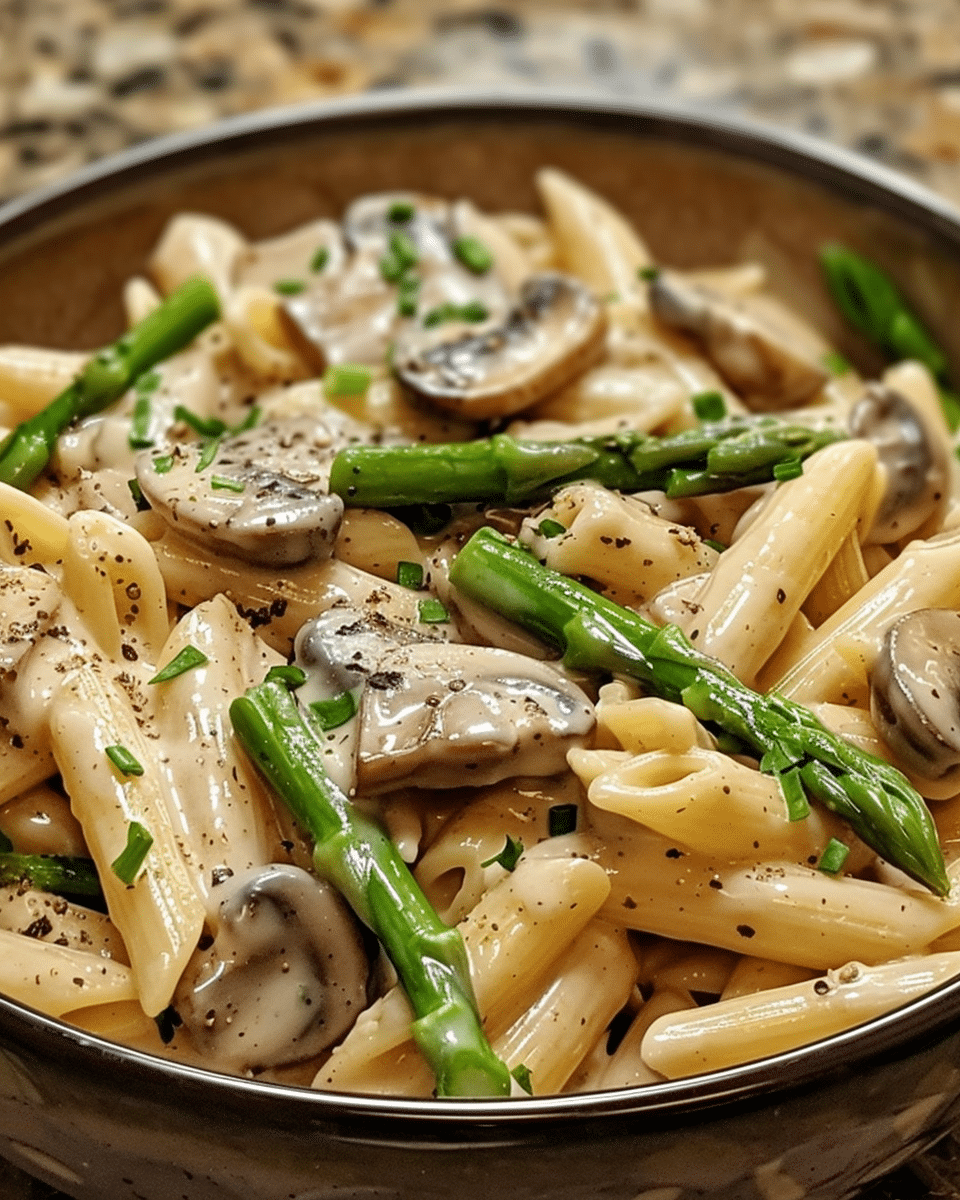 Creamy Mushroom and Asparagus Chicken Penne