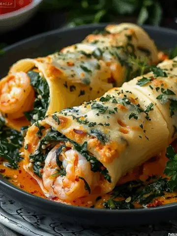Shrimp & Spinach Stuffed Pasta Rolls with Roasted Red Pepper Cream Sauce