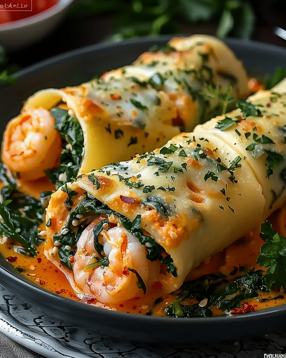 Shrimp & Spinach Stuffed Pasta Rolls with Roasted Red Pepper Cream Sauce